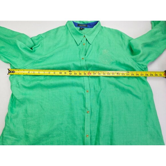 Lauren Ralph Lauren Size 3X Womens Green Linen Embroidered Chest Logo 3/4 Sleeve - Picture 3 of 11